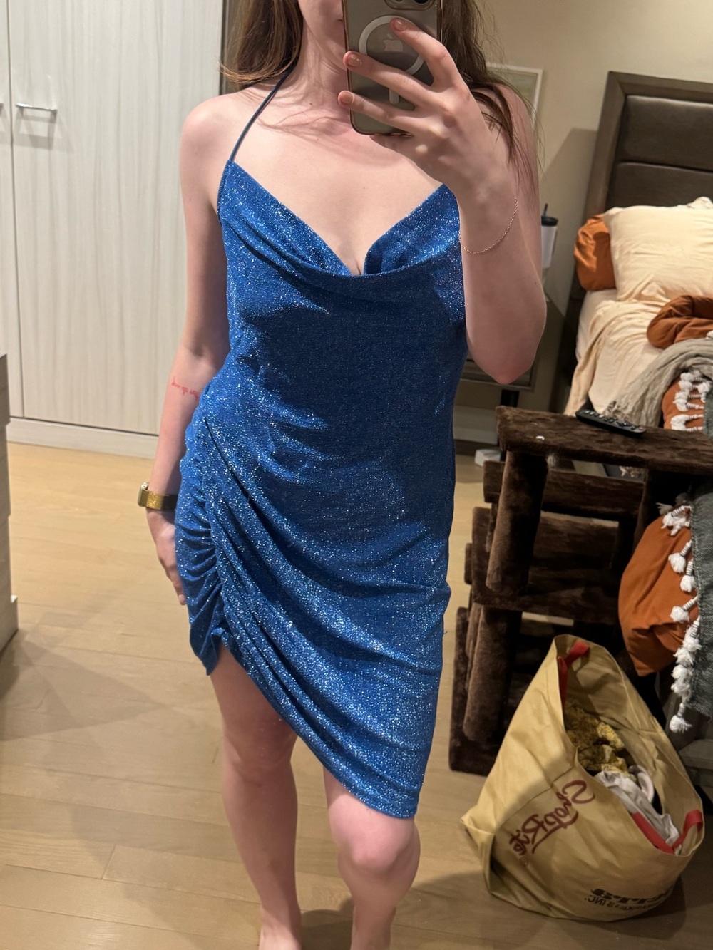 SHEIN Sparkle Halter Cowl Mini Dress in Blue